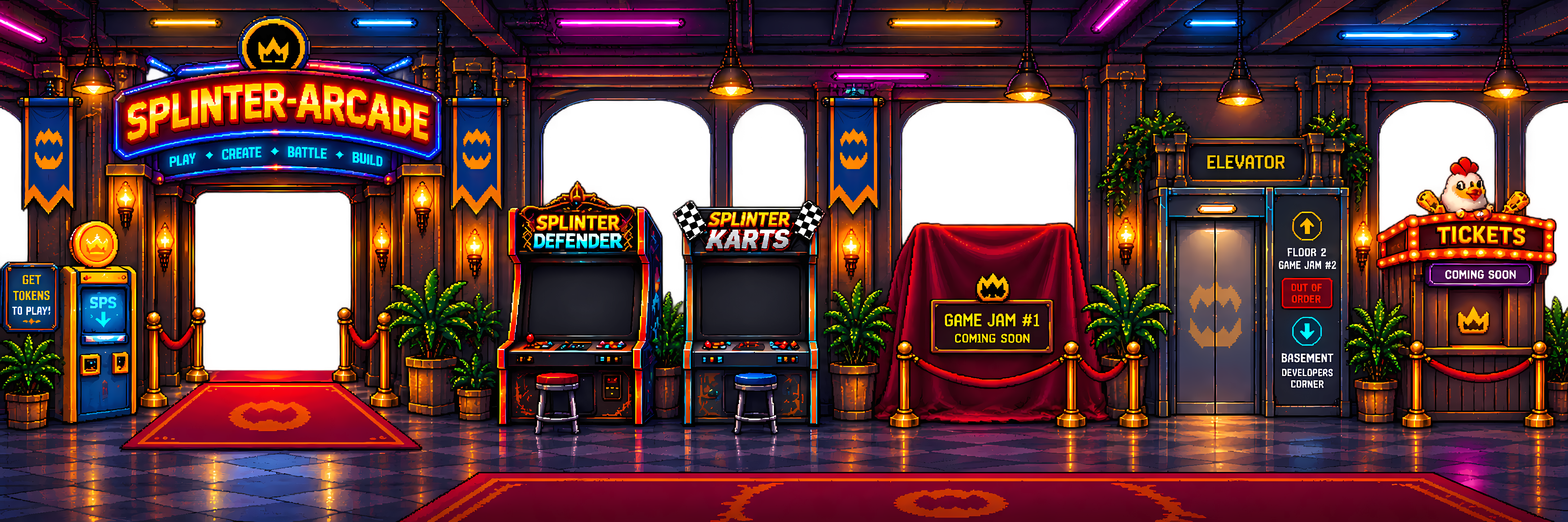 SplinterArcade floor with game cabinets, a game jam area, elevator, and ticket booth